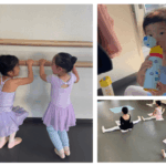 西東京市のバレエとダンス教室。バレエ＆リズムステップで仲良くジャンプする５才と４才の女の子と、柔軟で開脚の練習をする幼児たち、休憩中の幼児。