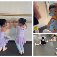 西東京市のバレエとダンス教室。バレエ＆リズムステップで仲良くジャンプする５才と４才の女の子と、柔軟で開脚の練習をする幼児たち、休憩中の幼児。