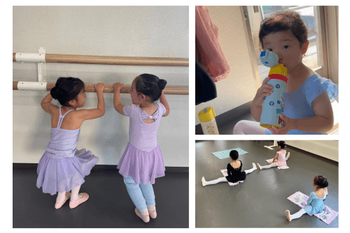 西東京市のバレエとダンス教室。バレエ＆リズムステップで仲良くジャンプする５才と４才の女の子と、柔軟で開脚の練習をする幼児たち、休憩中の幼児。