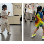 西東京市ダンス教室でヒップホップダンスを練習する小学生。２年生と３年生。カジュアルな服装で元気いっぱい、活発な動き。