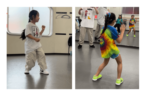 西東京市ダンス教室でヒップホップダンスを練習する小学生。２年生と３年生。カジュアルな服装で元気いっぱい、活発な動き。