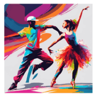 コフレダンススタジオのイメージAI画像。ストリートダンスを踊る男性とクラシックバレエを踊る女性。