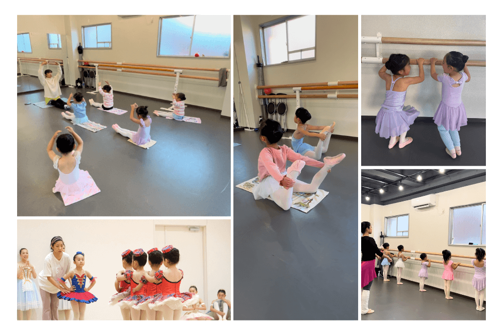 幼稚園や保育園に通う3歳から6歳の女の子たちがバレエのレッスンに励む姿や、かわいい赤の衣装を着けて踊る様子。