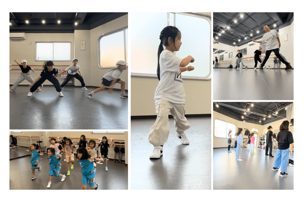 ヒップホップダンスやロックダンスを踊るキッズと大人。西東京市のバレエとダンスが学べるコフレダンススタジオ内の様子。