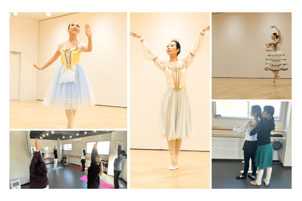 西東京市のコフレダンススタジオでバレエとストレッチ指導を受けている様子とバレエ衣裳を身にまとい美しく楽しく踊る大人バレリーナたち。